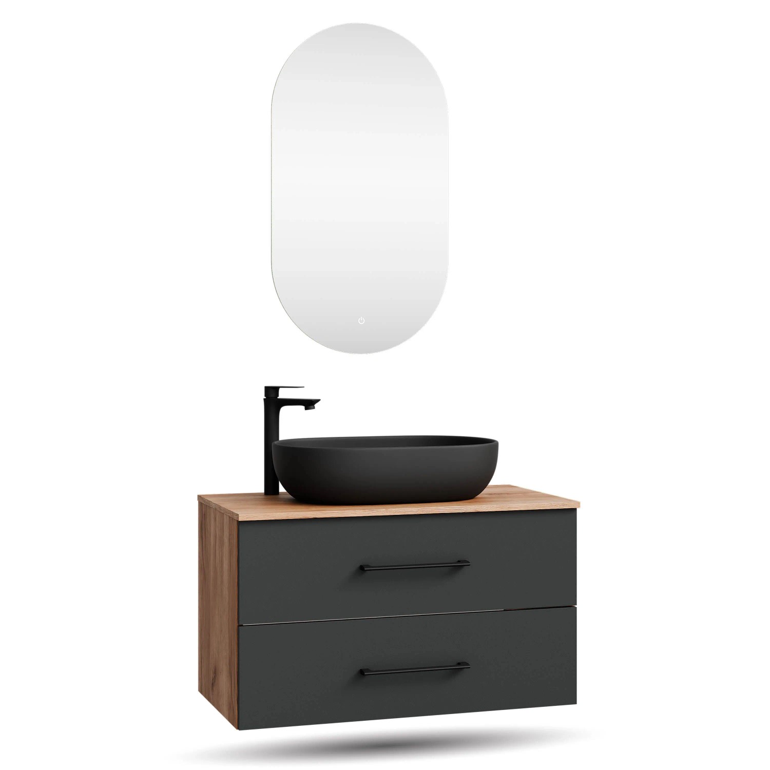 Planetmöbel LUX Badmöbel Set 90 cm mit Aufsatzwaschbecken 60 cm Schwarz LED Spiegel Soft Close
