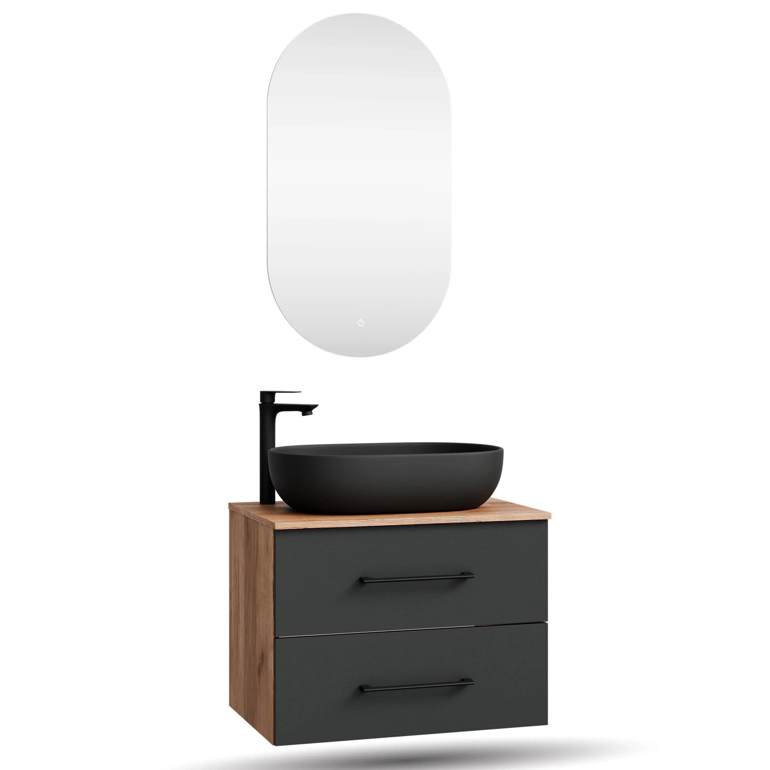 Planetmöbel LUX Badmöbel Set 70 cm mit Aufsatzwaschbecken 60 cm Schwarz LED Spiegel Soft Close