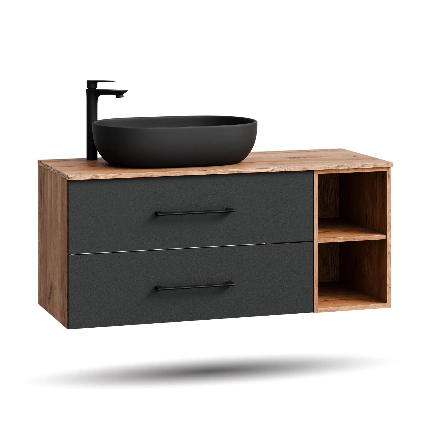 Planetmöbel LUX Waschtischunterschrank 120 cm mit Aufsatzwaschbecken 60 cm Schwarz Soft Close
