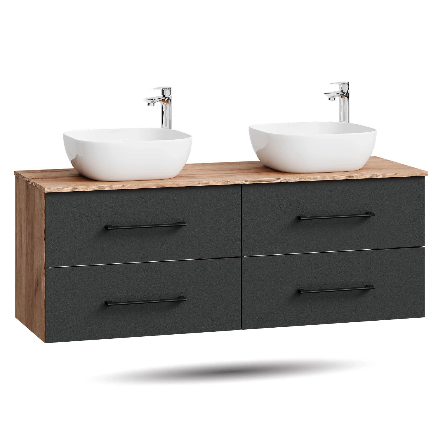 Planetmöbel LUX Doppelwaschtisch 140 cm mit 2 Aufsatzwaschbecken 42,5 cm Schwarz Soft Close