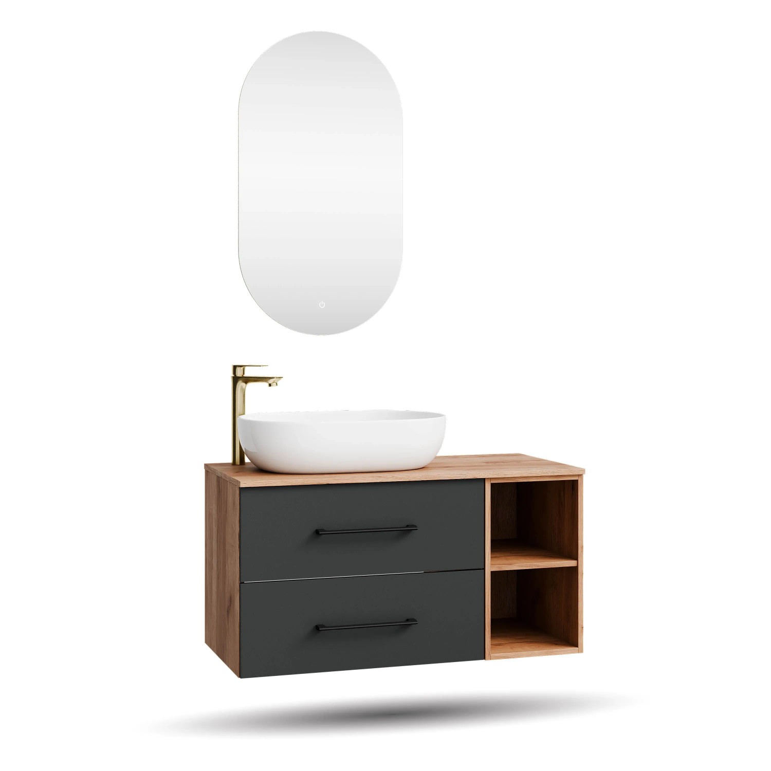 Planetmöbel LUX Badmöbel Set 100 cm mit Aufsatzwaschbecken 60 cm Weiß LED Spiegel Soft Close