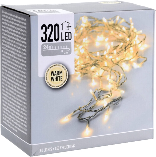 LED-Lichterkette warmweiß, 320 LEDs, transparentes Kabel, Innen/Außen, 27m