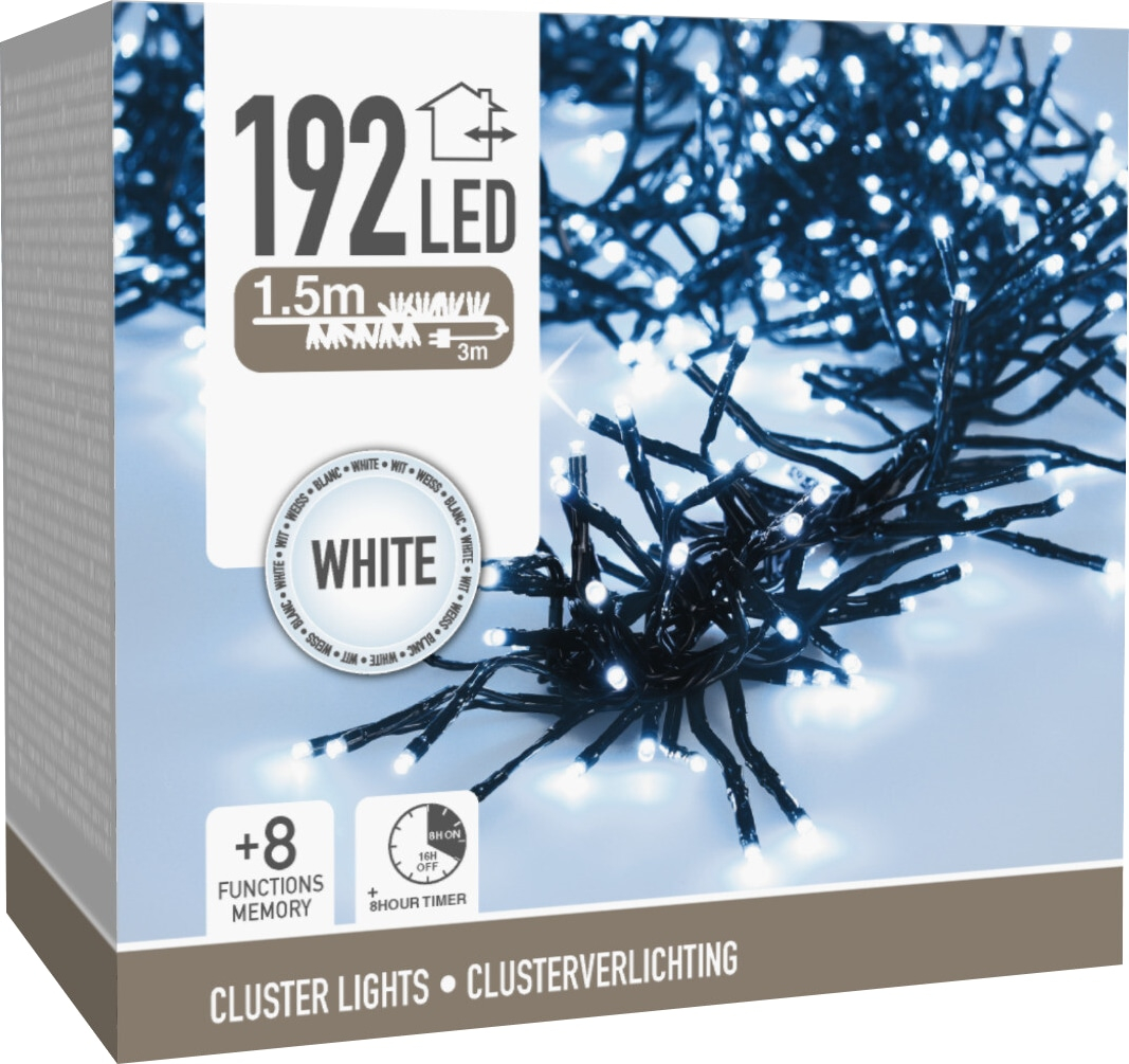 LED-Clusterlichterkette Büschel kaltweiß, 192 LEDs, sw Kabel, Innen/Außen, 4,5m