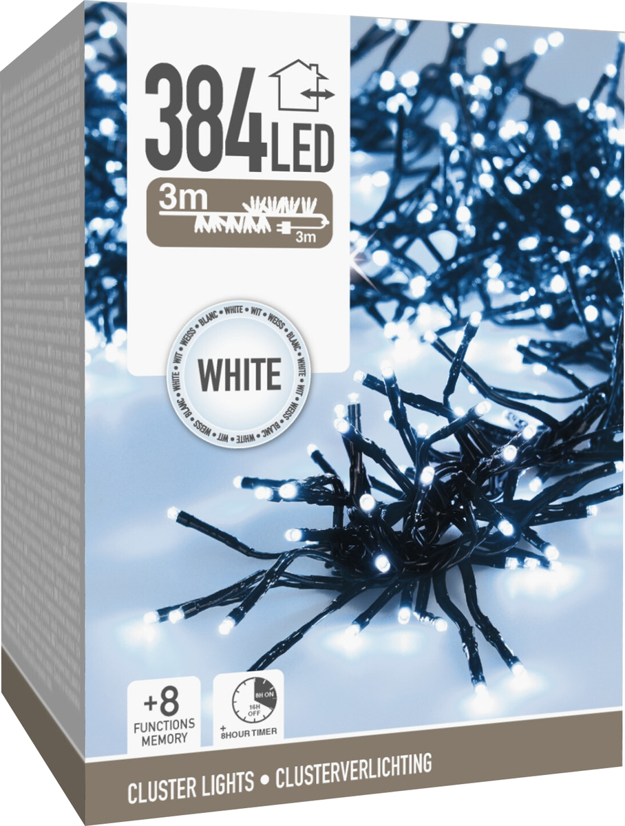 LED-Clusterlichterkette Büschel kaltweiß, 384 LEDs, sw Kabel, Innen/Außen, 6m