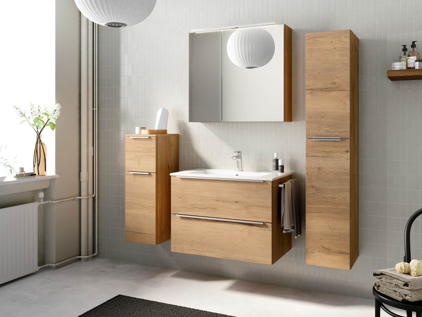 nobilia® Badmöbel-Set Levere, (4-St., vormontiert, mit Soft-Close), inkl. Spiegelschrank mit Beleuchtung und Dimmerfunktion, in 4 Breiten Bild 2