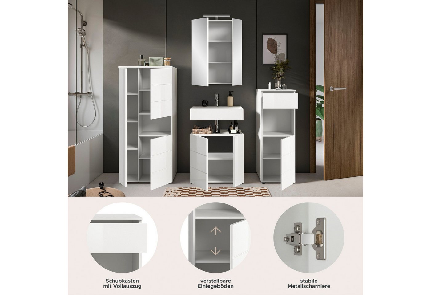 welltime Badmöbel-Set BIEL, Höhe 190 cm,Hochschrank,WBU, Spiegelschrank, Unterschrank, Lampe, (5-St), Bad Set, modernes Design, Unterschrank, Spiegel, Aufsatzleuchte
