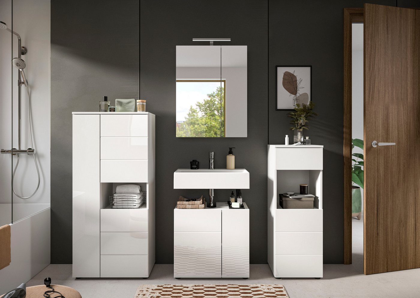 welltime Badmöbel-Set BIEL, Höhe 190 cm,Hochschrank,WBU, Spiegelschrank, Unterschrank, Lampe, (5-St), Bad Set, modernes Design, Unterschrank, Spiegel, Aufsatzleuchte Bild 2