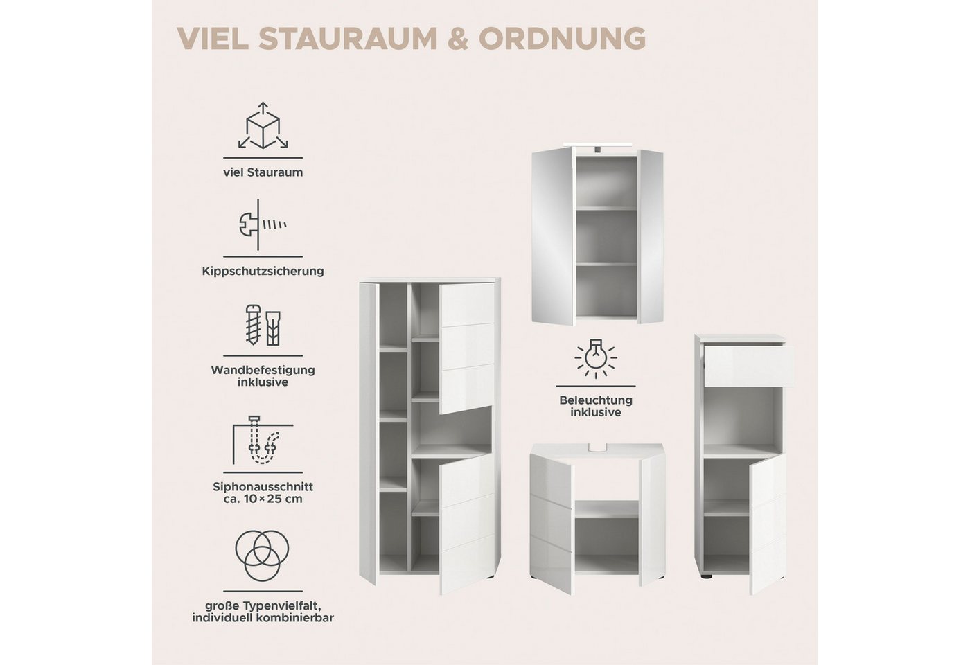 welltime Badmöbel-Set BIEL, Höhe 190 cm,Hochschrank,WBU, Spiegelschrank, Unterschrank, Lampe, (5-St), Bad Set, modernes Design, Unterschrank, Spiegel, Aufsatzleuchte Bild 4