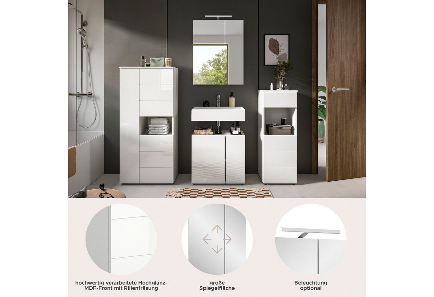 welltime Badmöbel-Set BIEL, Höhe 190 cm,Hochschrank,WBU, Spiegelschrank, Unterschrank, Lampe, (5-St), Bad Set, modernes Design, Unterschrank, Spiegel, Aufsatzleuchte Bild 5