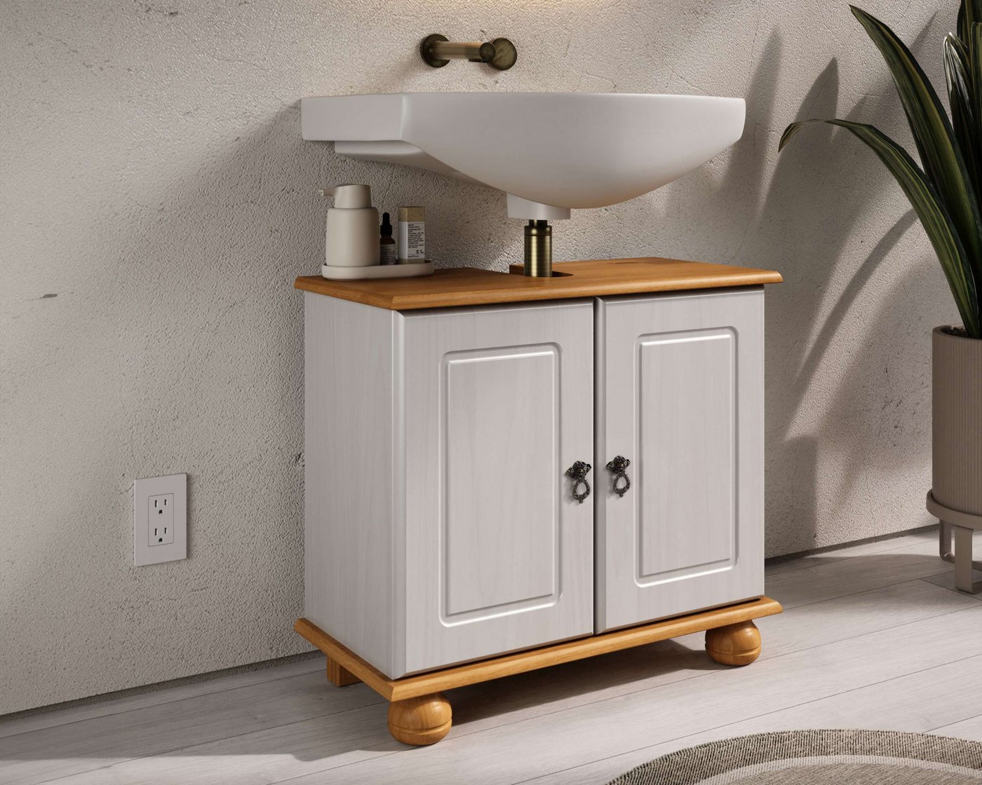 OTTO home Waschbeckenunterschrank Finca aus massivem Kiefernholz, Siphonausschnitt, Breite 62 cm, Höhe 55 cm