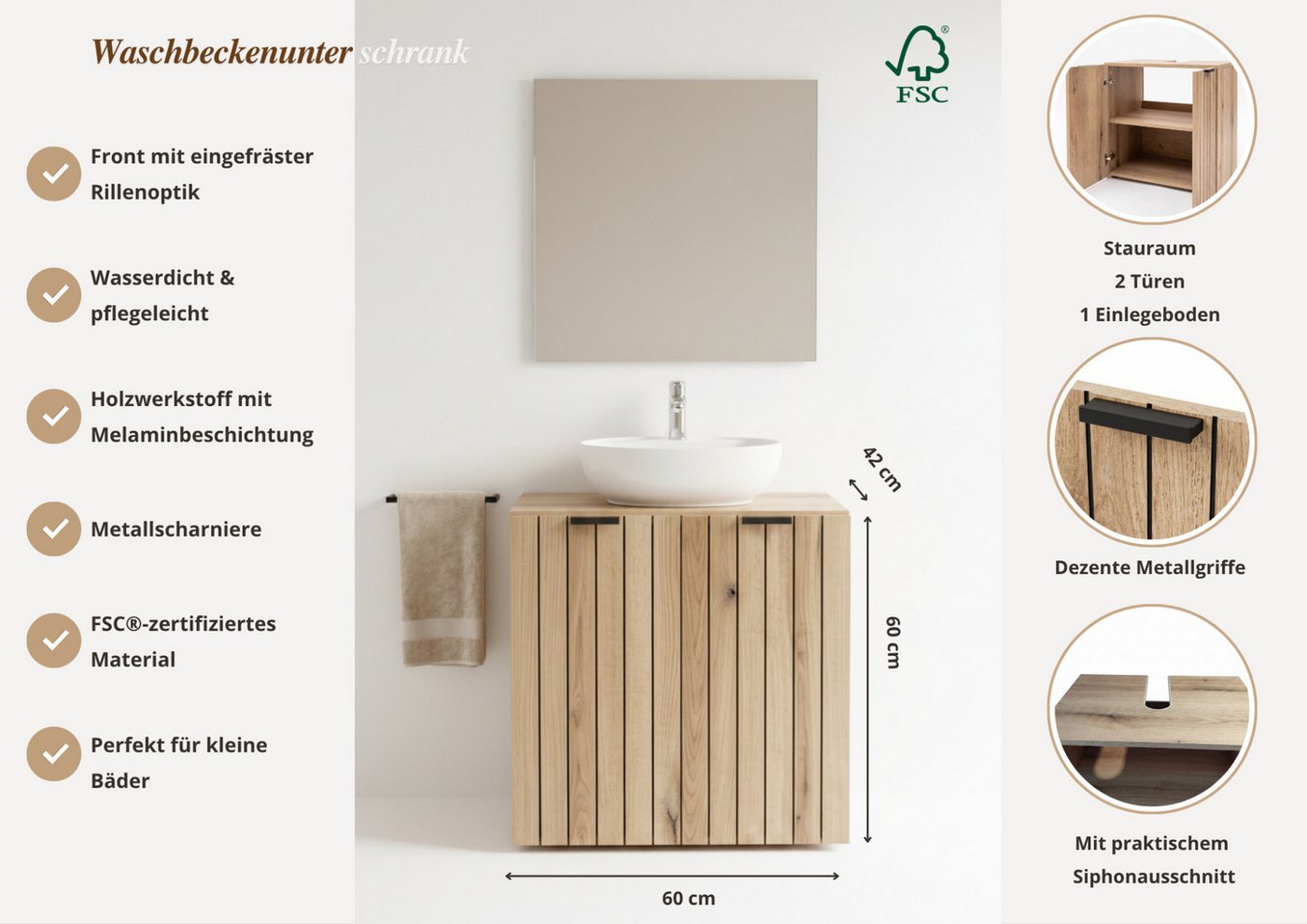 welltime Waschbeckenunterschrank Amrum Breite 60 cm dekorative Lamellenoptik