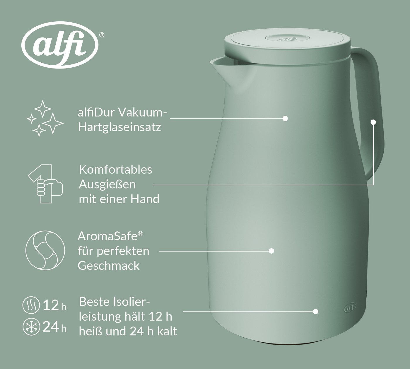 Alfi Isolierkanne NEO, mit Hartglaseinsatz und ergonomischem Griff, 1 l, (1-St), 12h heiß & 24h kalt, Drehverschluss mit bequemem Druckknopf Bild 4