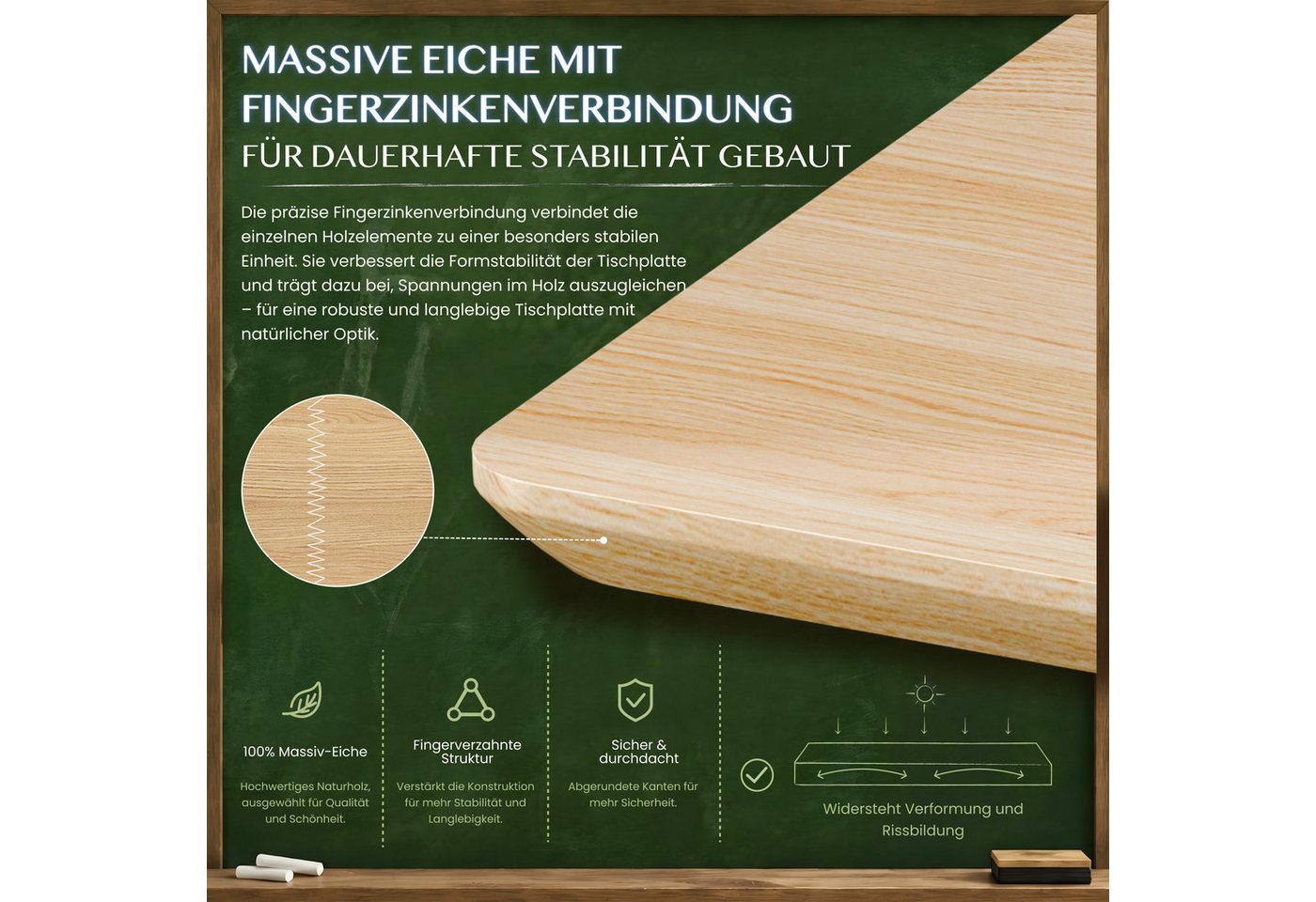 FLEXISPOT Tischplatte Premium-Series DIY Tischplatte, MDF/Bambus/Rubberwood/Eiche (Aus polnischer Weiβeiche, Finger-Joint-Verleimung), 18 mm Massivholzplatte mit Schweizer Kante, Made in EU Bild 3