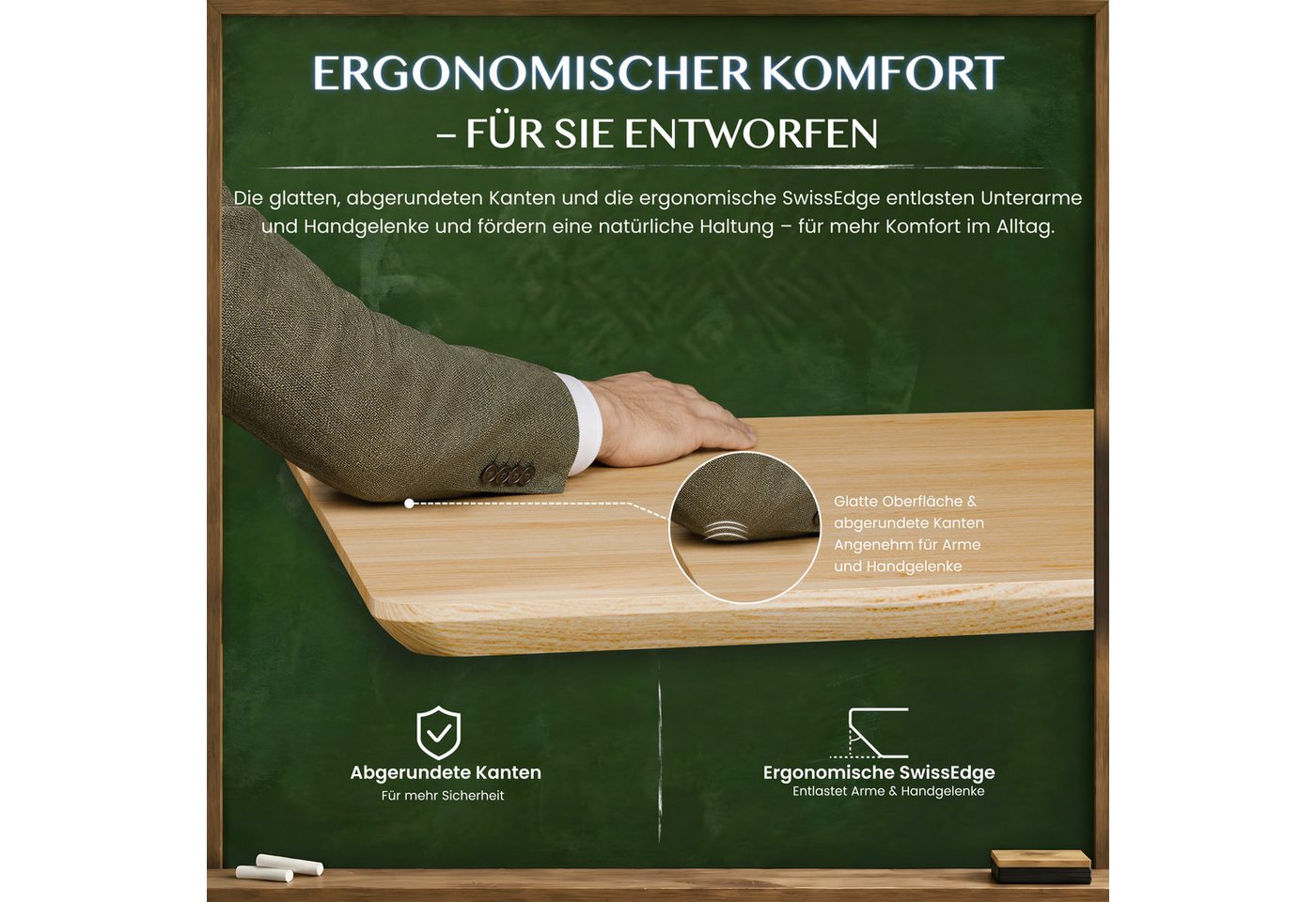 FLEXISPOT Tischplatte Premium-Series DIY Tischplatte, MDF/Bambus/Rubberwood/Eiche (Aus polnischer Weiβeiche, Finger-Joint-Verleimung), 18 mm Massivholzplatte mit Schweizer Kante, Made in EU Bild 5
