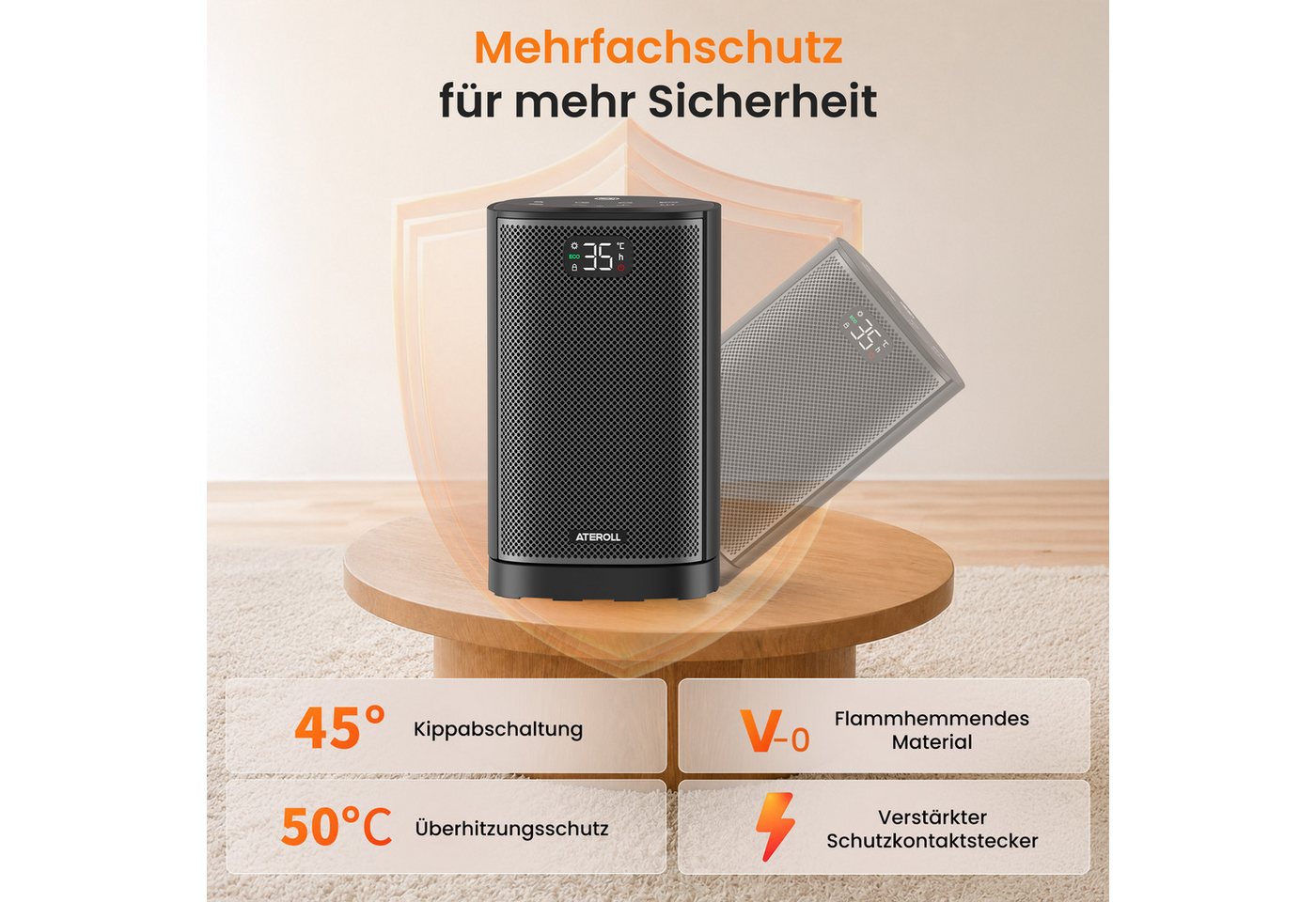 ATEROLL Heizlüfter energiesparend & leise heizgerät,Fernbedienung,Oszillation & Timer, 1500W PTC Keramikheizlüfter für Büro, Schlafzimmer, GS-Zertifikat