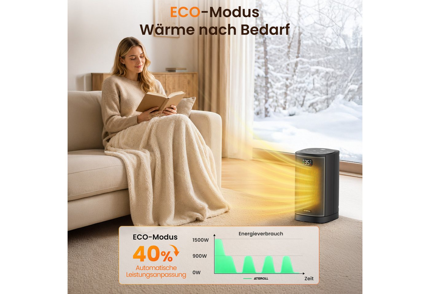 ATEROLL Heizlüfter energiesparend & leise heizgerät,Fernbedienung,Oszillation & Timer, 1500W PTC Keramikheizlüfter für Büro, Schlafzimmer, GS-Zertifikat Bild 2