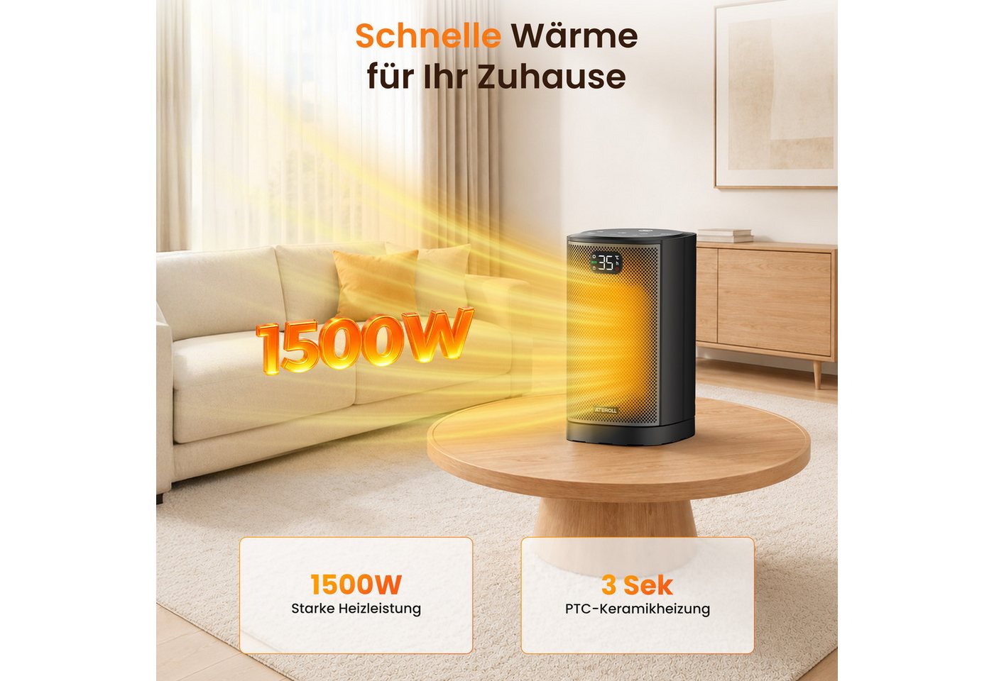 ATEROLL Heizlüfter energiesparend & leise heizgerät,Fernbedienung,Oszillation & Timer, 1500W PTC Keramikheizlüfter für Büro, Schlafzimmer, GS-Zertifikat Bild 5
