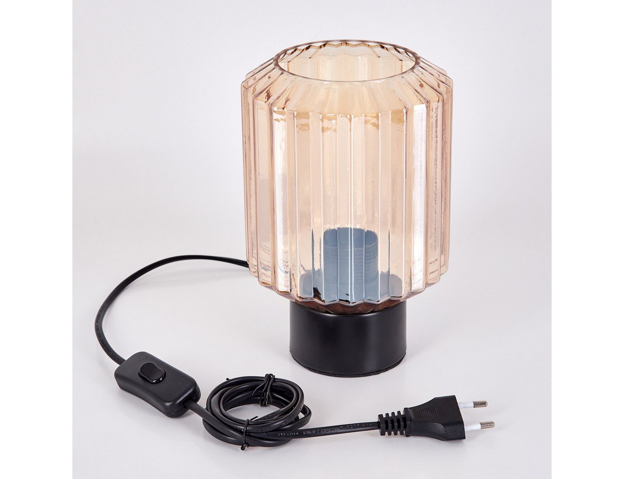 hofstein Tischleuchte Tischlampe aus Metall/Glas in Schwarz/Bernsteinfarben, ohne Leuchtmittel, mit Glasschirm (13 cm) u. An/-Auschalter, 1 x E27, ohne Leuchtmittel