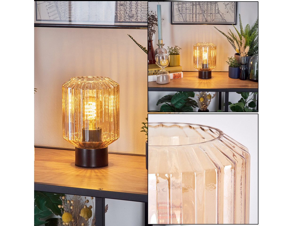 hofstein Tischleuchte Tischlampe aus Metall/Glas in Schwarz/Bernsteinfarben, ohne Leuchtmittel, mit Glasschirm (13 cm) u. An/-Auschalter, 1 x E27, ohne Leuchtmittel Bild 2