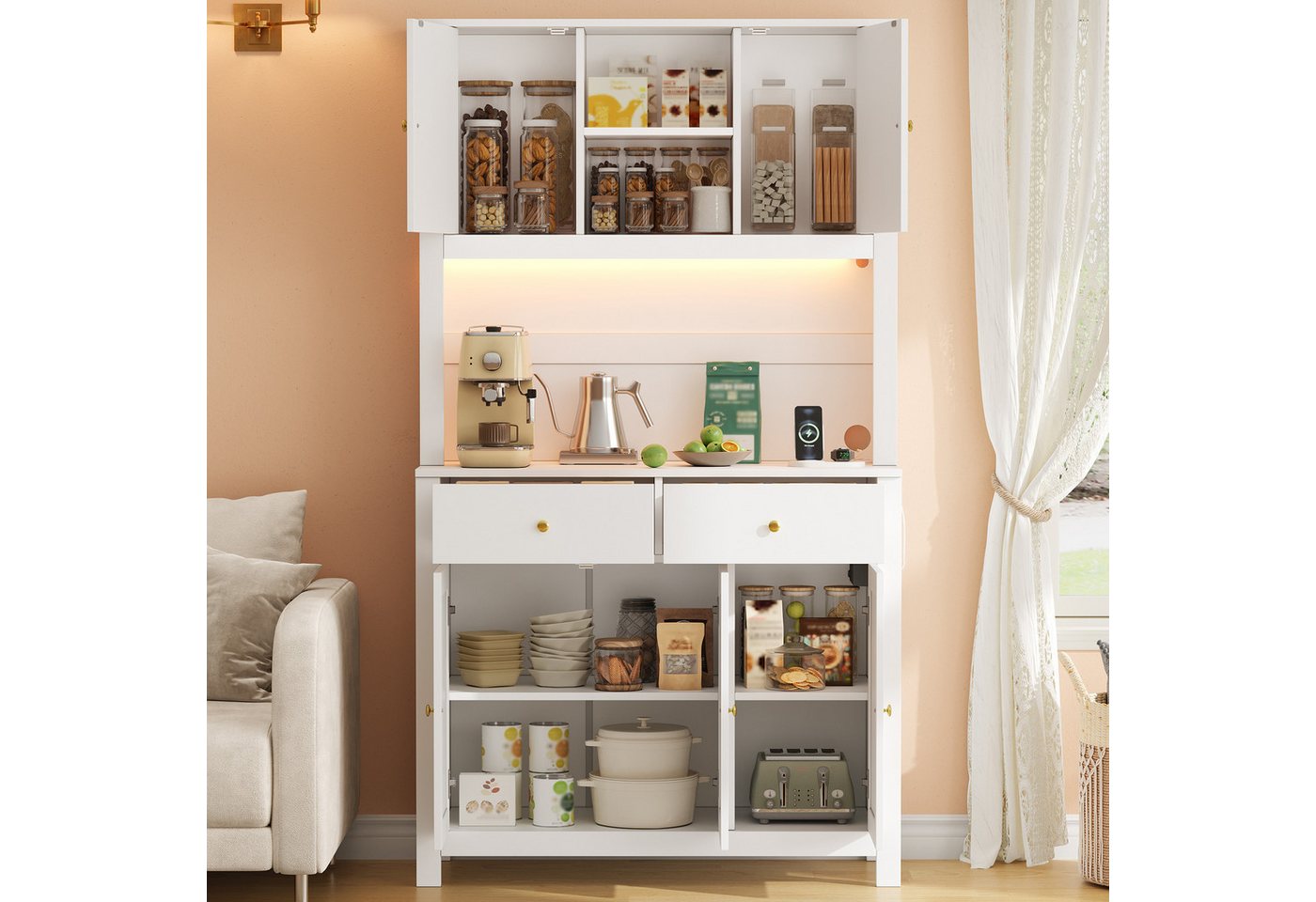 Flieks Küchenbuffet Hochschrank mit LED-Beleuchtung, Steckdosen, Rattantüren, 2 Schubladen (Ladefunktion, 1-St., B100xT40xH180 cm) Küchenschrank Mehrzweckschrank mit verstellbarer Ablagen Natur