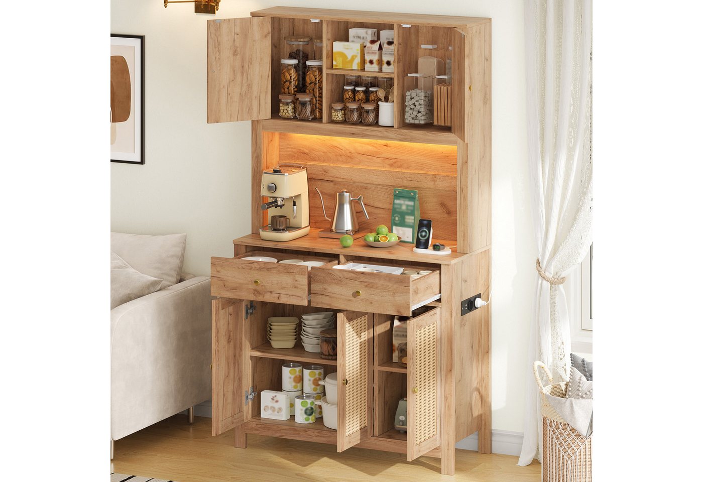 Flieks Küchenbuffet Hochschrank mit LED-Beleuchtung, Steckdosen, Rattantüren, 2 Schubladen (Ladefunktion, 1-St., B100xT40xH180 cm) Küchenschrank Mehrzweckschrank mit verstellbarer Ablagen Natur Bild 2