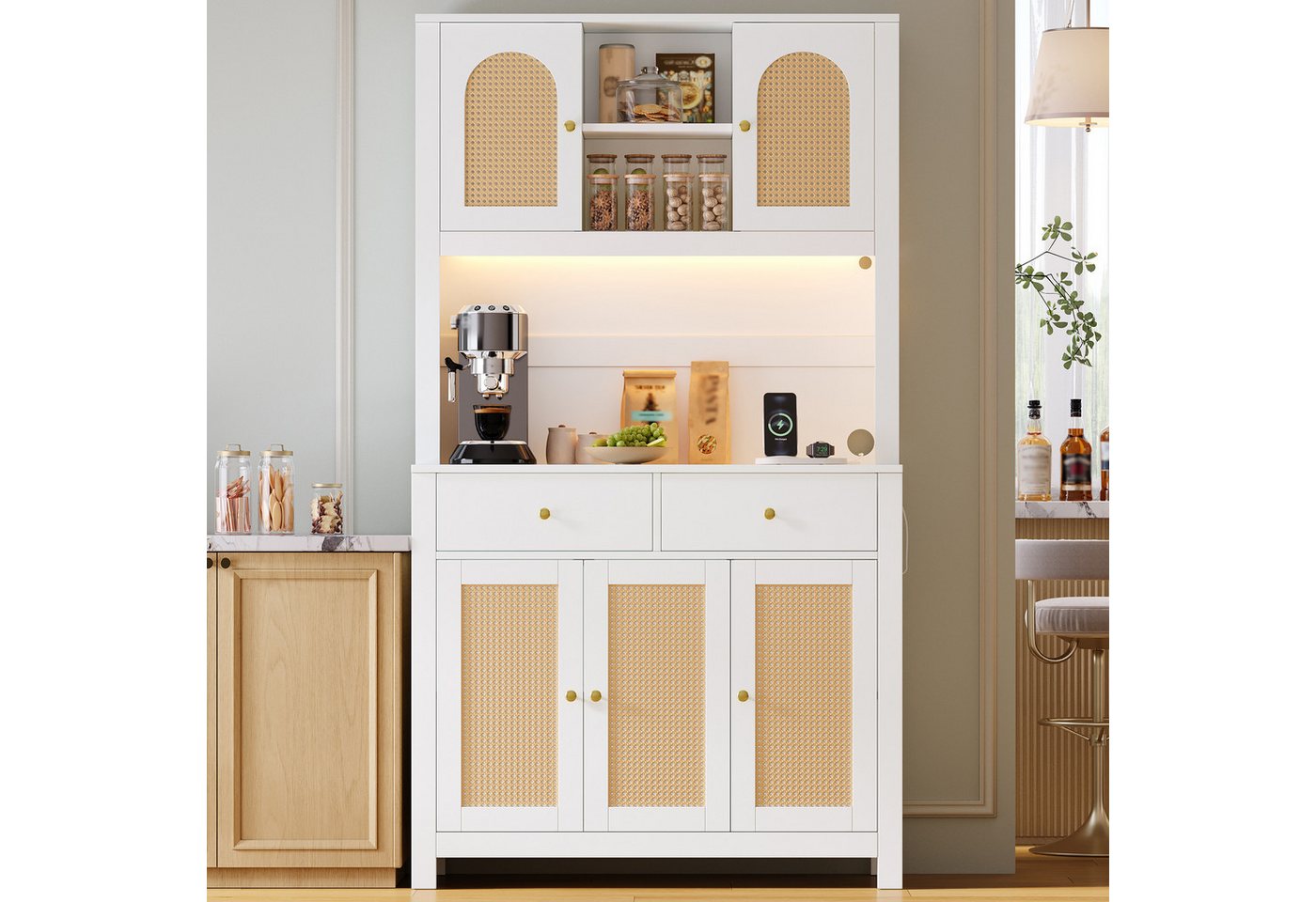Flieks Küchenbuffet Hochschrank mit LED-Beleuchtung, Steckdosen, Rattantüren, 2 Schubladen (Ladefunktion, 1-St., B100xT40xH180 cm) Küchenschrank Mehrzweckschrank mit verstellbarer Ablagen Natur Bild 3