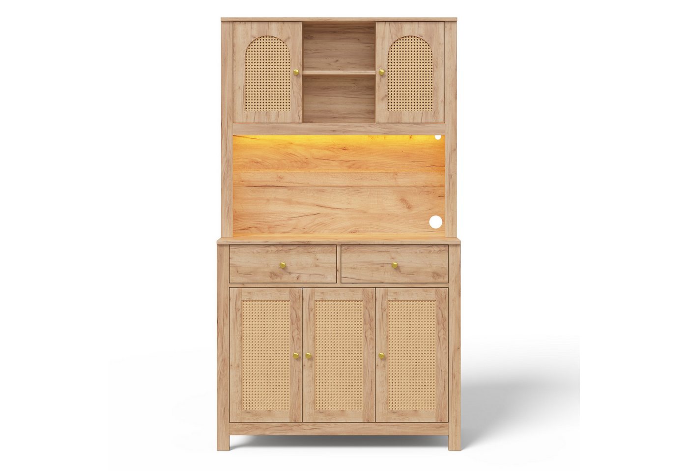 Flieks Küchenbuffet Hochschrank mit LED-Beleuchtung, Steckdosen, Rattantüren, 2 Schubladen (Ladefunktion, 1-St., B100xT40xH180 cm) Küchenschrank Mehrzweckschrank mit verstellbarer Ablagen Natur Bild 5