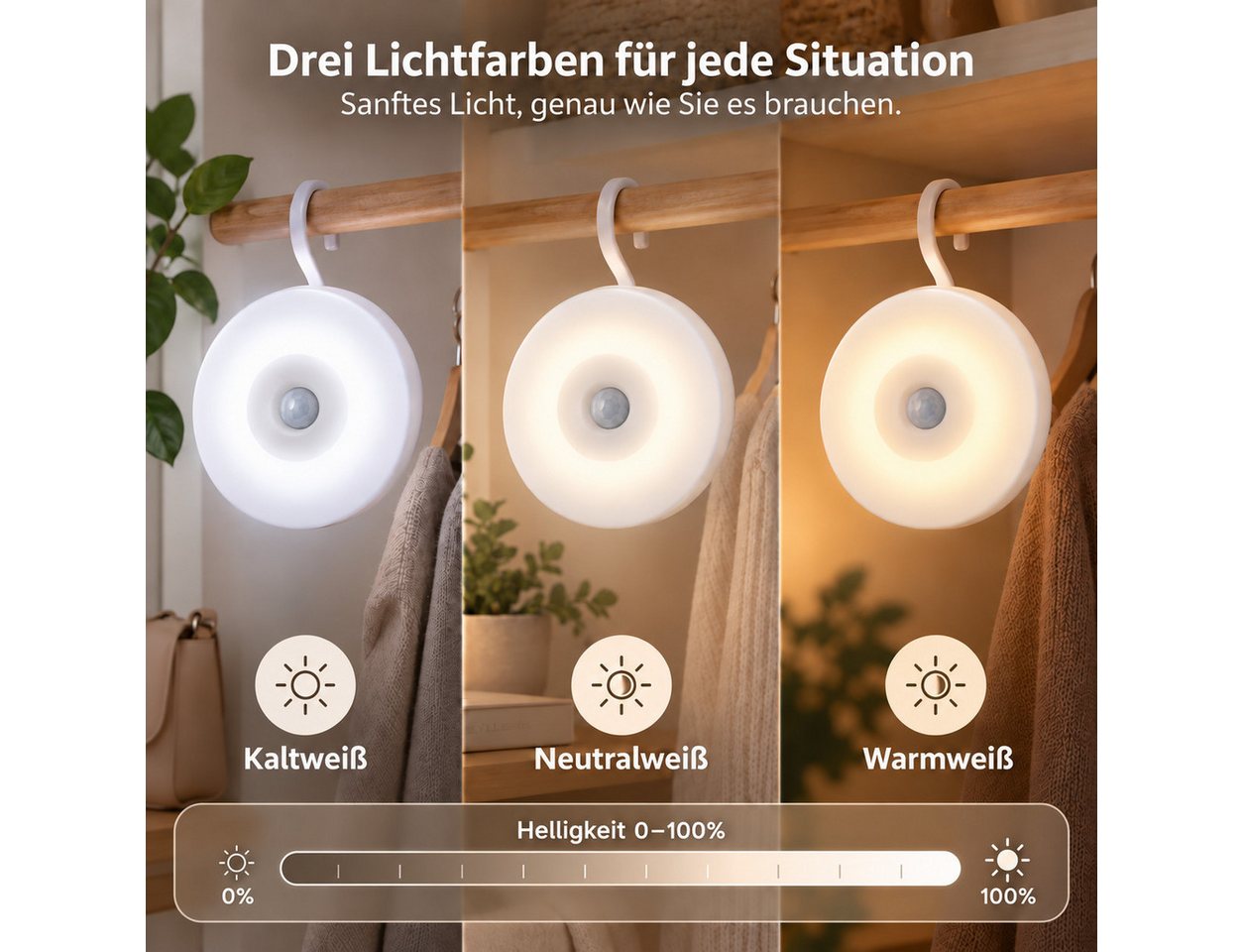 ibettertec LED Nachtlicht Nachtlampe mit Bewegungsmelder,Wandleuchte mit sanftem Licht, Akku, LED fest integriert, warmweiß, neutralweiß, kaltweiß, dimmbar, 3 CCT & 360° Haken, ideal für Kinderzimmer, Schlafzimmer