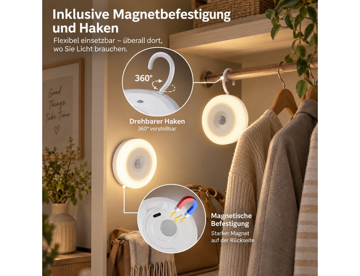 ibettertec LED Nachtlicht Nachtlampe mit Bewegungsmelder,Wandleuchte mit sanftem Licht, Akku, LED fest integriert, warmweiß, neutralweiß, kaltweiß, dimmbar, 3 CCT & 360° Haken, ideal für Kinderzimmer, Schlafzimmer Bild 5