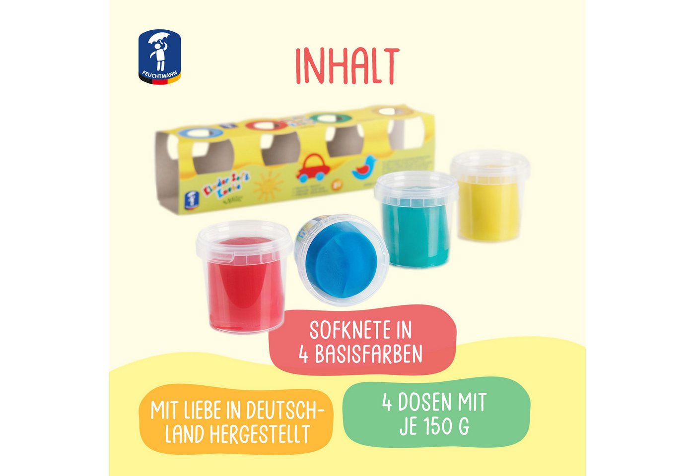 Feuchtmann Knete KINDER SOFT KNETE Basic (1-tlg), 4 x 150g weiche Kinderknete in praktischen Dosen Bild 4
