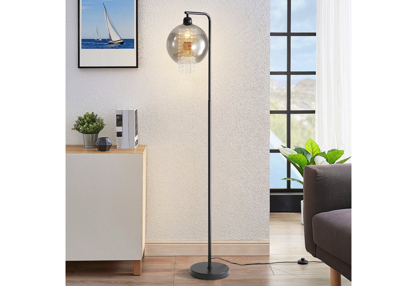 ZMH Stehlampe Innen 1 Flammig E27 Rauchgrau Standleuchte Groß Kristall für Büro Sofa, ohne Leuchtmittel, Modern mit Fußschalter Design Glaskugel Kinderzimmer Hotel
