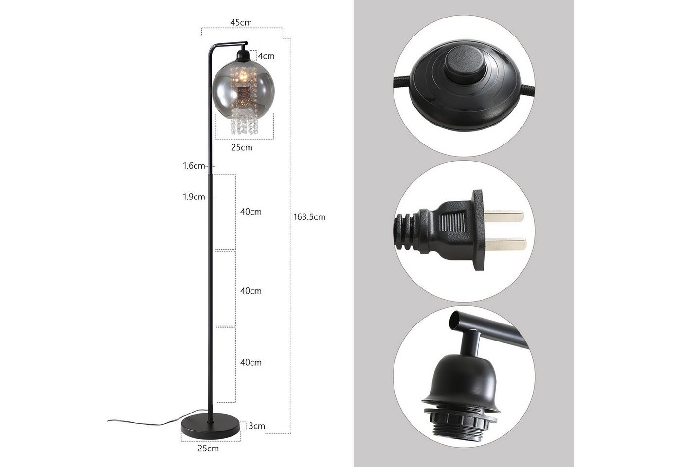 ZMH Stehlampe Innen 1 Flammig E27 Rauchgrau Standleuchte Groß Kristall für Büro Sofa, ohne Leuchtmittel, Modern mit Fußschalter Design Glaskugel Kinderzimmer Hotel Bild 2