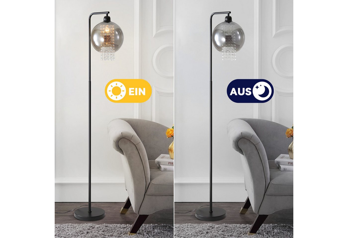 ZMH Stehlampe Innen 1 Flammig E27 Rauchgrau Standleuchte Groß Kristall für Büro Sofa, ohne Leuchtmittel, Modern mit Fußschalter Design Glaskugel Kinderzimmer Hotel Bild 3