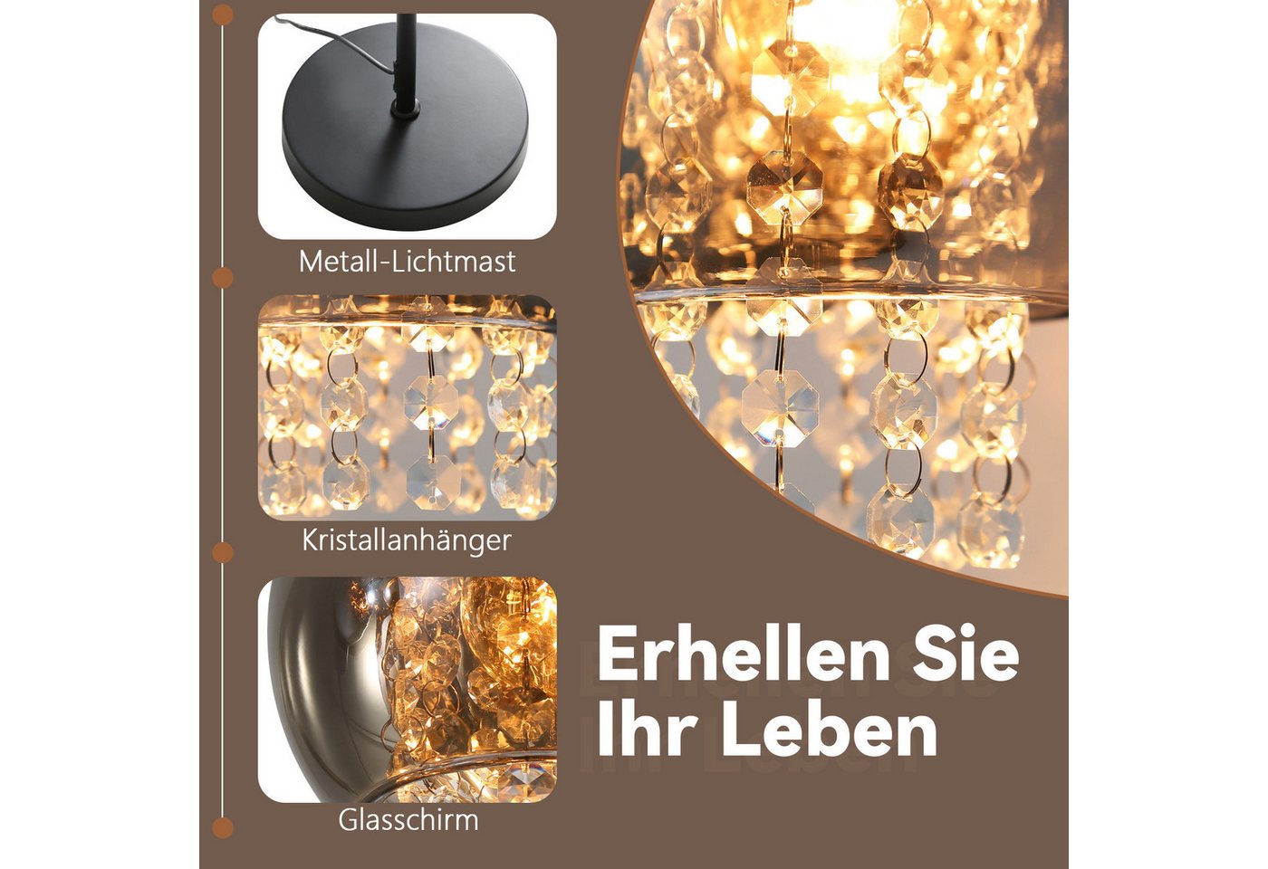 ZMH Stehlampe Innen 1 Flammig E27 Rauchgrau Standleuchte Groß Kristall für Büro Sofa, ohne Leuchtmittel, Modern mit Fußschalter Design Glaskugel Kinderzimmer Hotel Bild 4