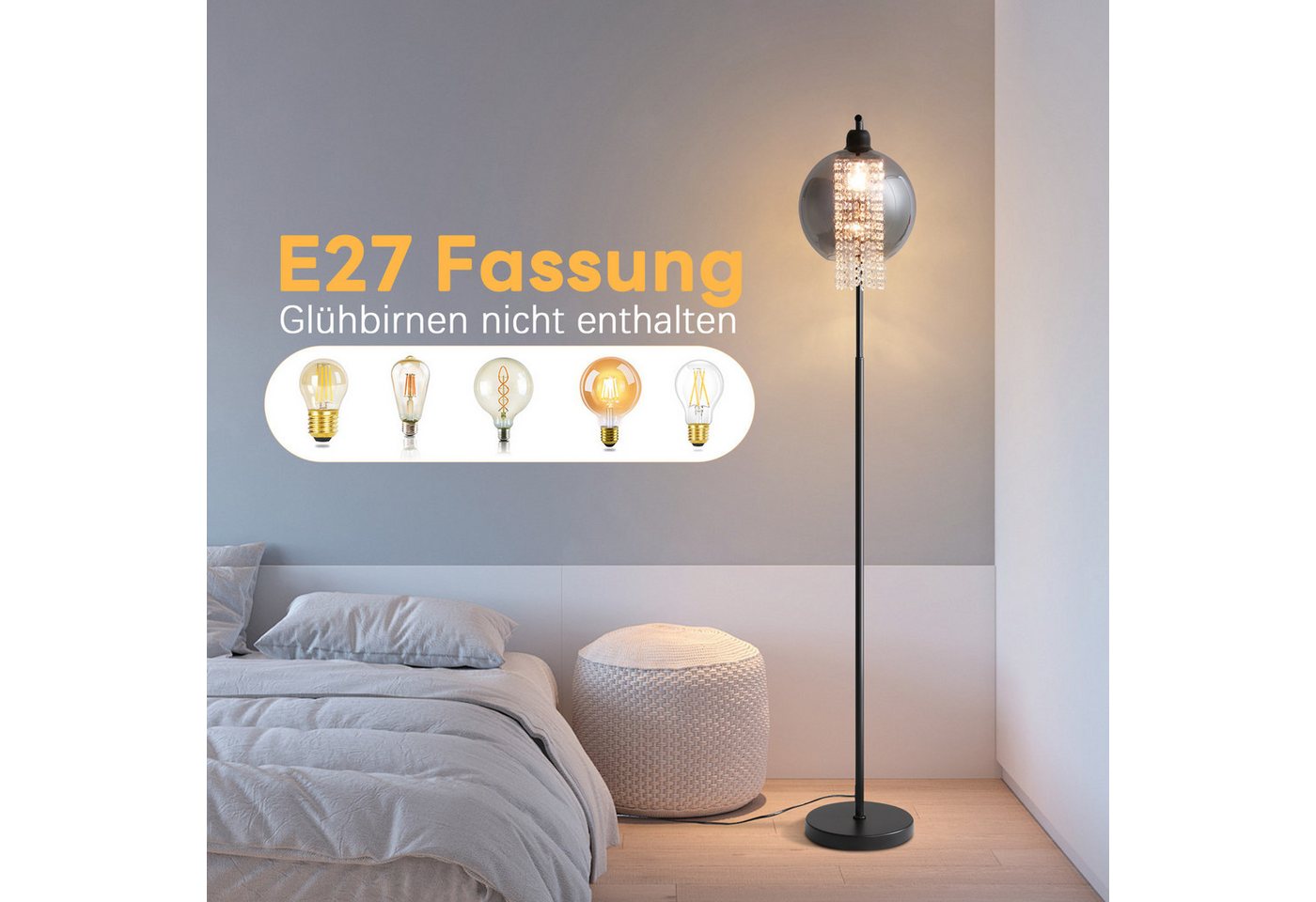 ZMH Stehlampe Innen 1 Flammig E27 Rauchgrau Standleuchte Groß Kristall für Büro Sofa, ohne Leuchtmittel, Modern mit Fußschalter Design Glaskugel Kinderzimmer Hotel Bild 5