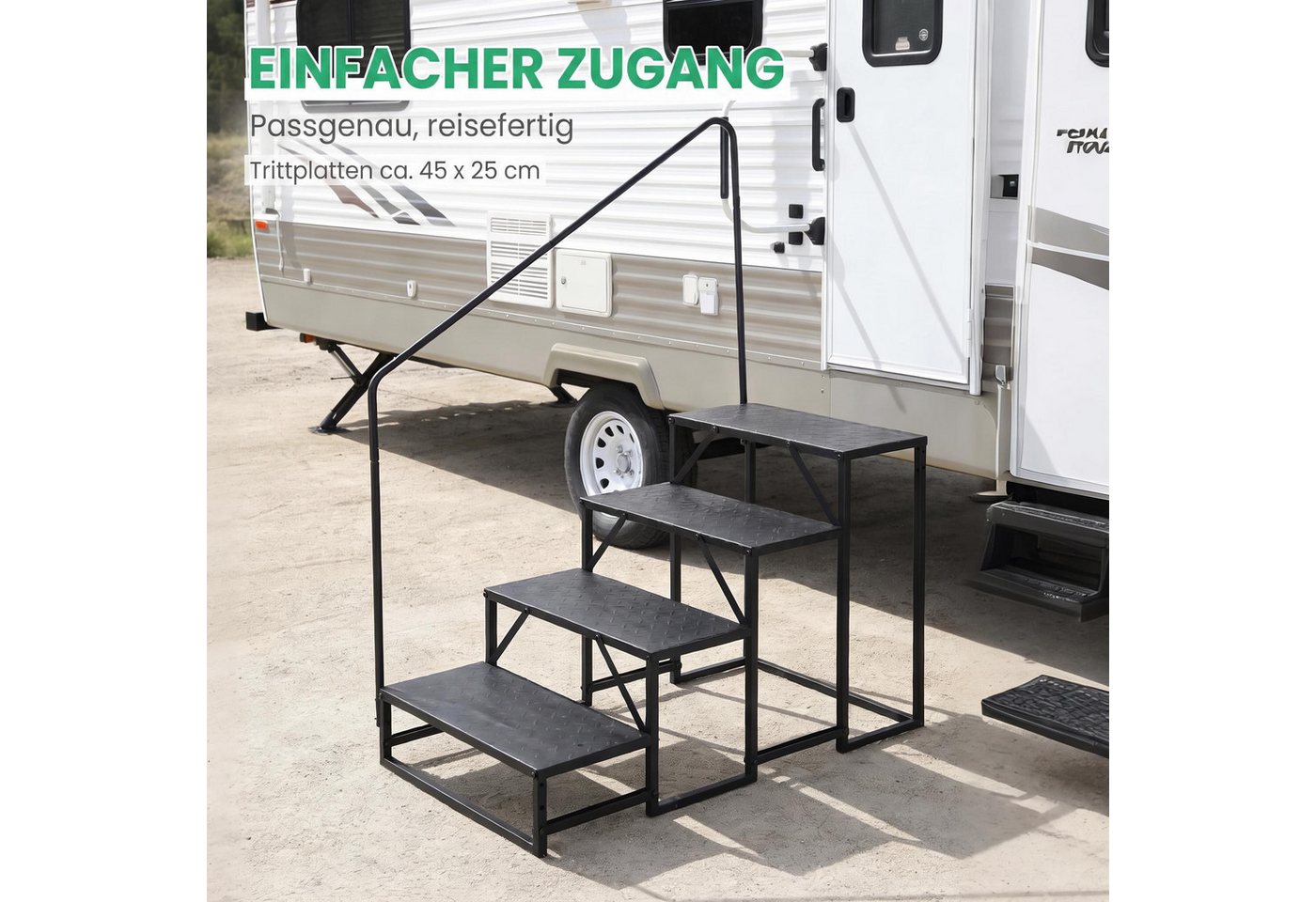 GarveeMore Außentreppe Treppenhandlauf aus Carbonstahl mit einseitigem Handlauf, rutschfest, für Geschosshöhen bis 72 cm, Stufen offen, (1-tlg), 4/5 Stufen für Wohnmobil, Pool, Garten, Senioren, Kinder, Schwarz