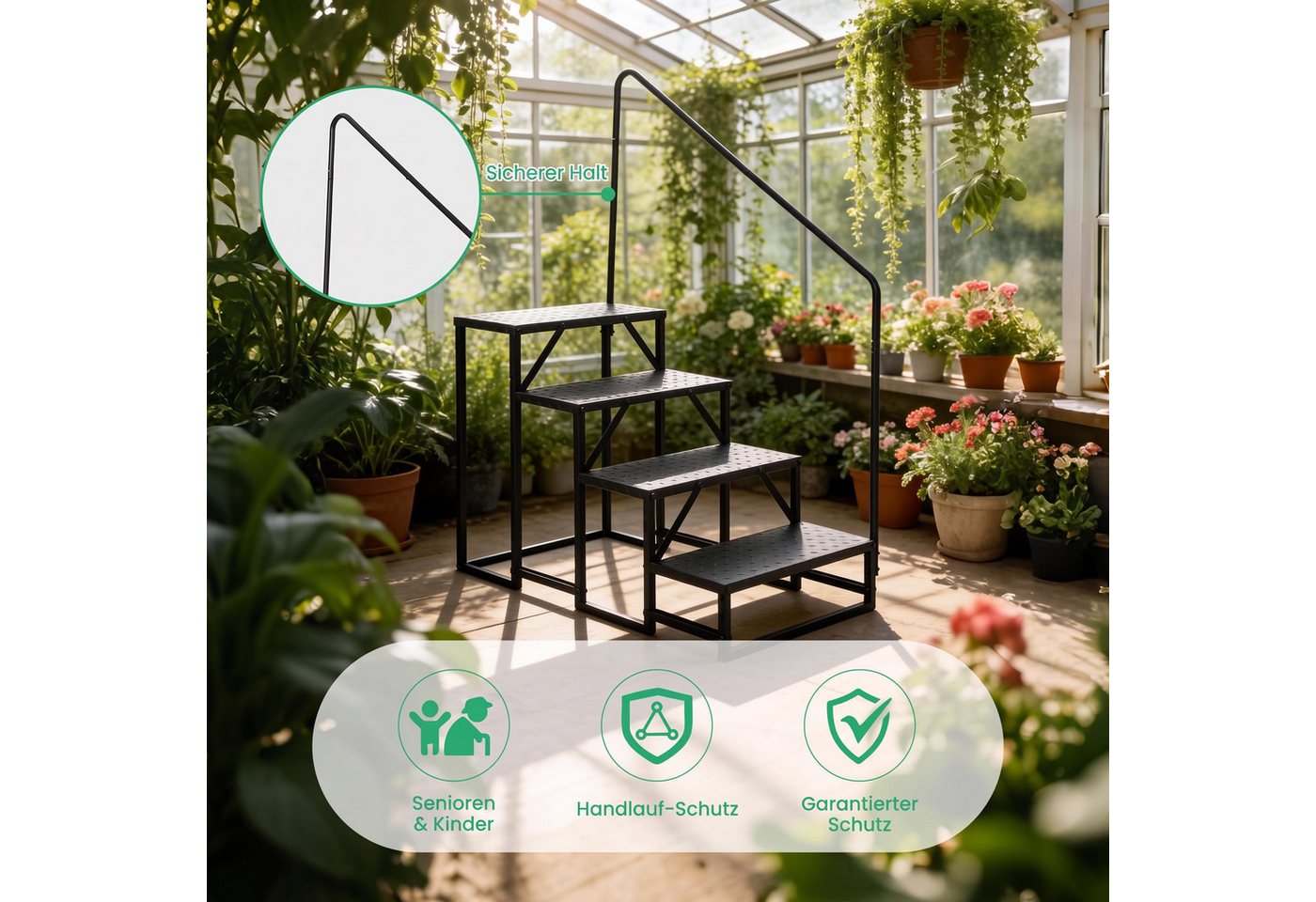 GarveeMore Außentreppe Treppenhandlauf aus Carbonstahl mit einseitigem Handlauf, rutschfest, für Geschosshöhen bis 72 cm, Stufen offen, (1-tlg), 4/5 Stufen für Wohnmobil, Pool, Garten, Senioren, Kinder, Schwarz Bild 2