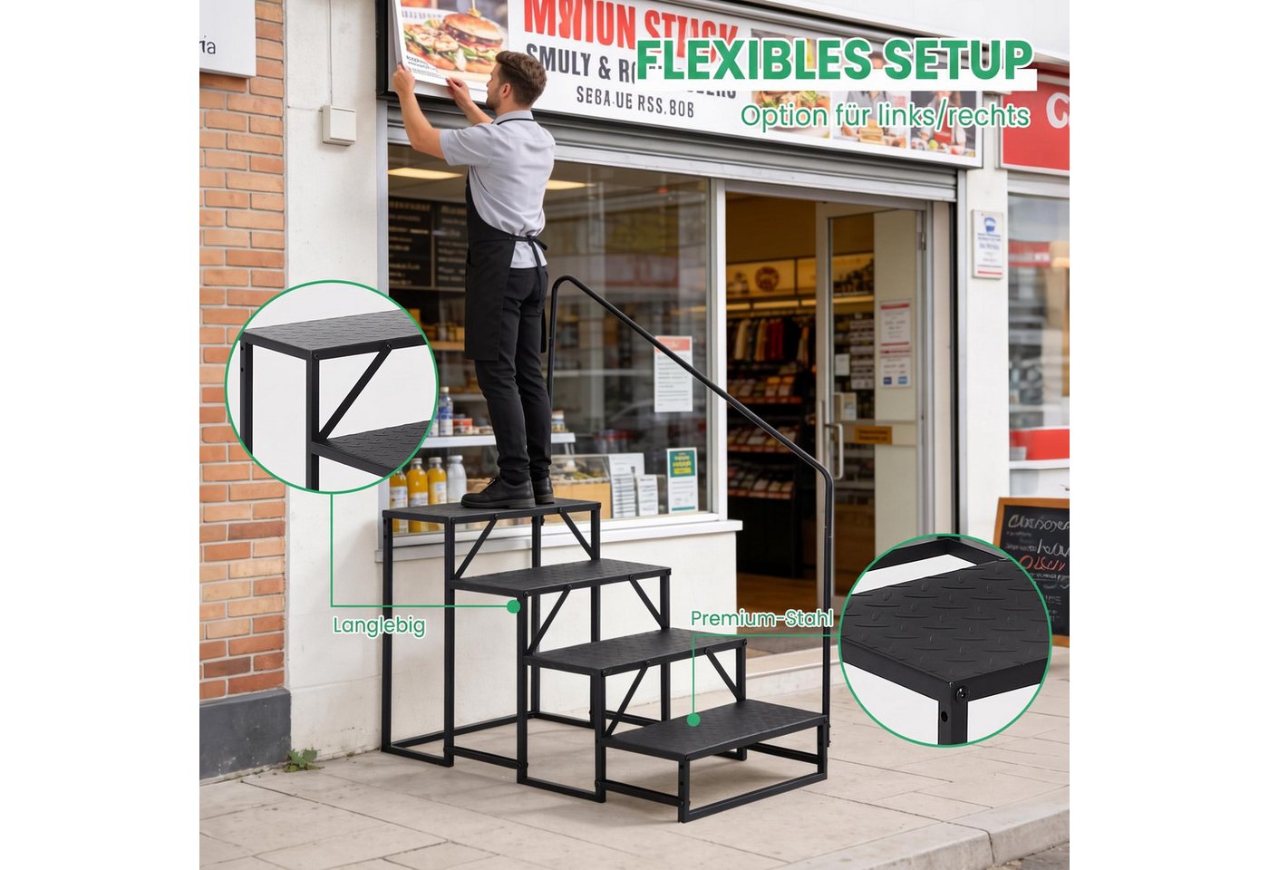 GarveeMore Außentreppe Treppenhandlauf aus Carbonstahl mit einseitigem Handlauf, rutschfest, für Geschosshöhen bis 72 cm, Stufen offen, (1-tlg), 4/5 Stufen für Wohnmobil, Pool, Garten, Senioren, Kinder, Schwarz Bild 3