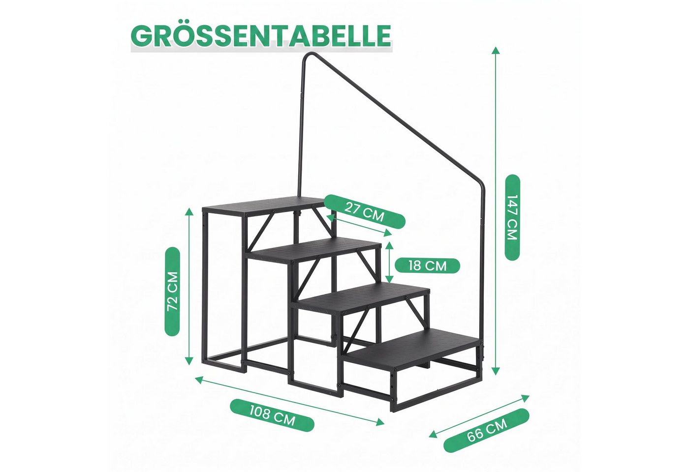 GarveeMore Außentreppe Treppenhandlauf aus Carbonstahl mit einseitigem Handlauf, rutschfest, für Geschosshöhen bis 72 cm, Stufen offen, (1-tlg), 4/5 Stufen für Wohnmobil, Pool, Garten, Senioren, Kinder, Schwarz Bild 5