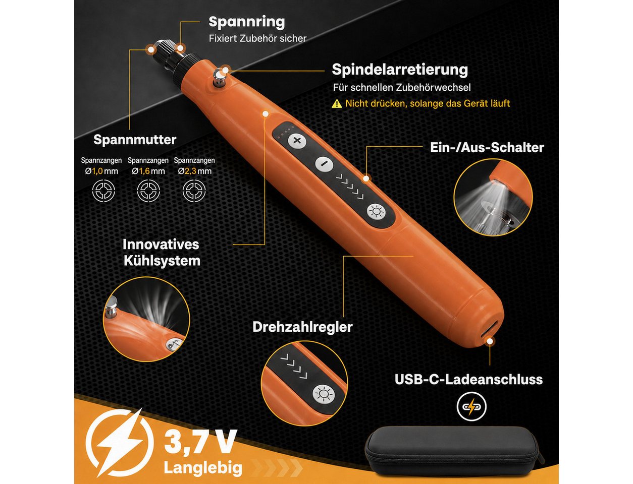 AIMAX Akku-Multifunktionswerkzeug Akku-Multischleifer & Multifunktionswerkzeug, 70-tlg. Set, Orange, Multitool Drehwerkzeug & Gravur-Werkzeug, 5 Stufen, LED, USB-C