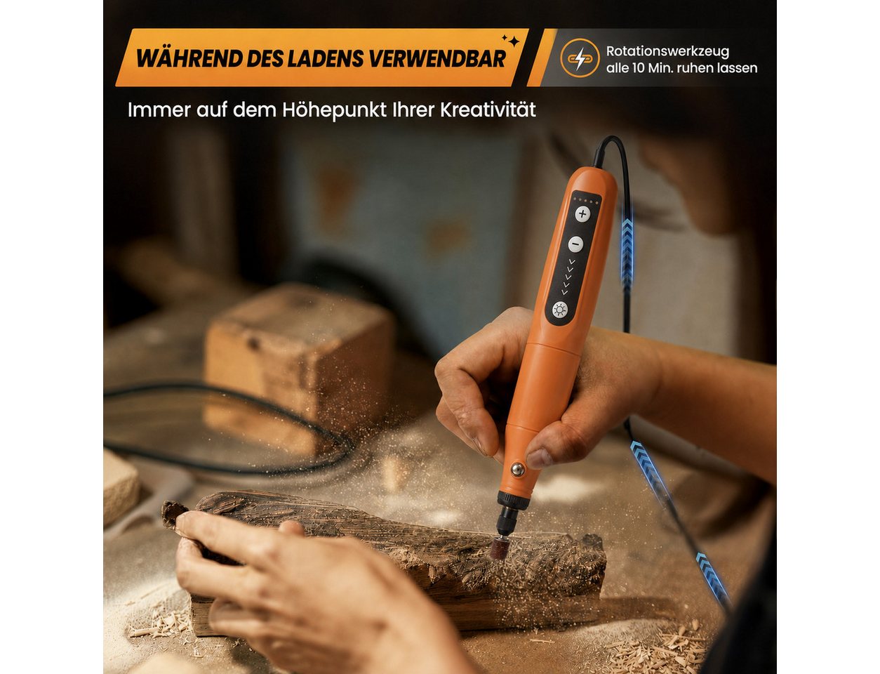 AIMAX Akku-Multifunktionswerkzeug Akku-Multischleifer & Multifunktionswerkzeug, 70-tlg. Set, Orange, Multitool Drehwerkzeug & Gravur-Werkzeug, 5 Stufen, LED, USB-C Bild 2