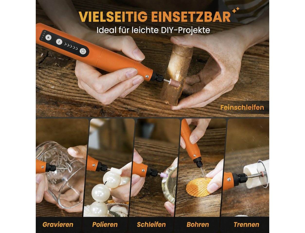 AIMAX Akku-Multifunktionswerkzeug Akku-Multischleifer & Multifunktionswerkzeug, 70-tlg. Set, Orange, Multitool Drehwerkzeug & Gravur-Werkzeug, 5 Stufen, LED, USB-C Bild 3