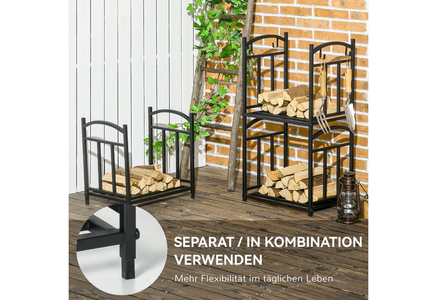 Outsunny Kaminholzregal Brennholzregal, BxTxH:46x32x126 cm, (3 flexible Ebenen, 1-St., obere Haken und Griffe), Metall, Schwarz
