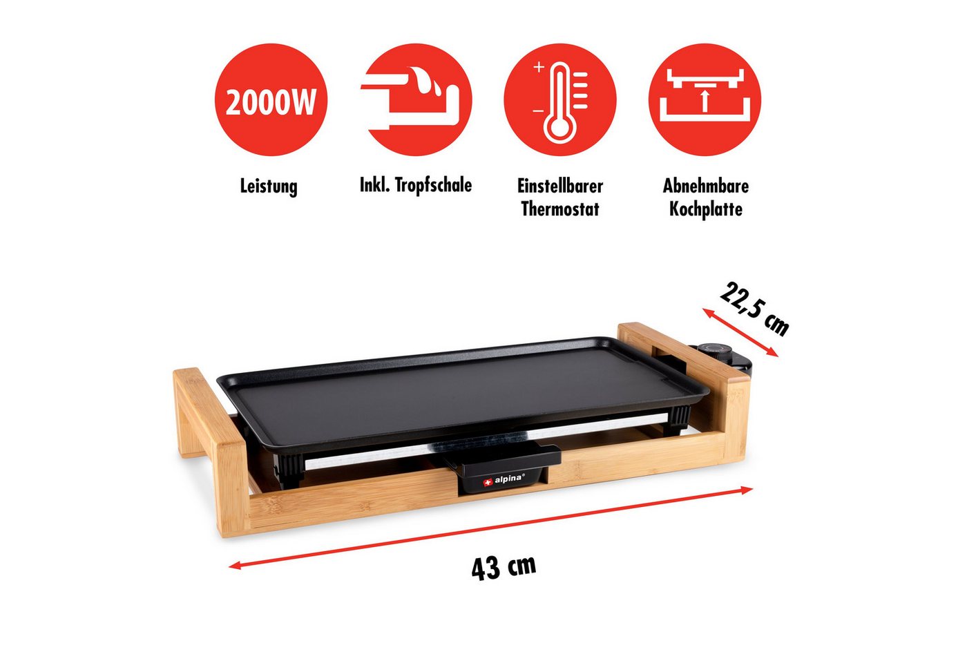 Alpina Grillplatte alpina Tischgrill 2000W, 43 x 22,5 CM Bild 5