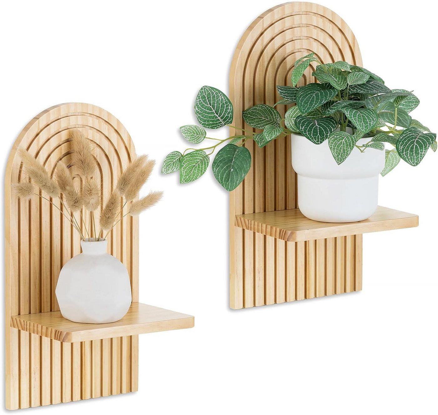 AIMAX Deko-Wandregal Wandregal Holz Boho, 2er Set Wandregal mit Bogenform, Natur, Boho Wanddeko, Pflanzenregal Wand und Hängeregal Holz für Deko Bild 3