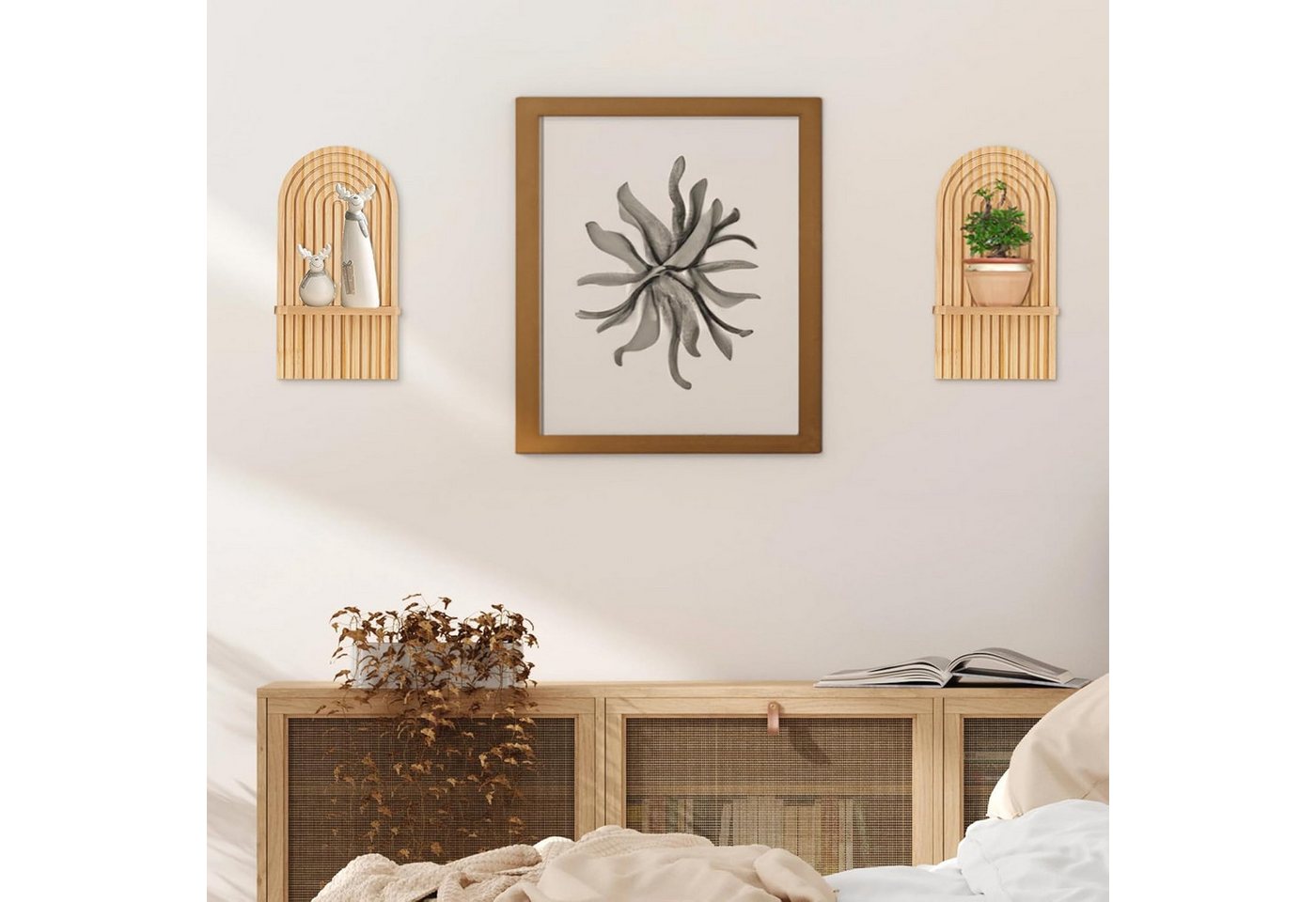 AIMAX Deko-Wandregal Wandregal Holz Boho, 2er Set Wandregal mit Bogenform, Natur, Boho Wanddeko, Pflanzenregal Wand und Hängeregal Holz für Deko Bild 5