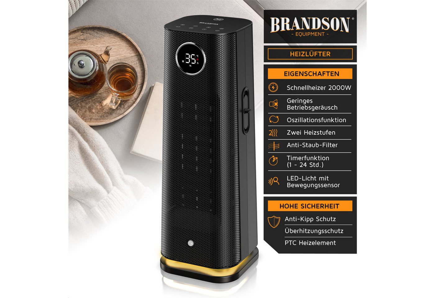 Brandson Heizlüfter Keramik-Heizlüfter 2000 W mit Bewegungssensor, Fernbedienung, Timer, 2000 W, Badezimmer, GS zertifiziert, Thermostat, ECO, Oszillation, Timer