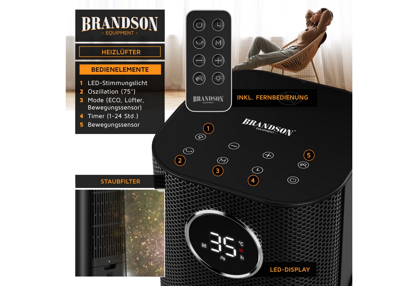 Brandson Heizlüfter Keramik-Heizlüfter 2000 W mit Bewegungssensor, Fernbedienung, Timer, 2000 W, Badezimmer, GS zertifiziert, Thermostat, ECO, Oszillation, Timer Bild 3