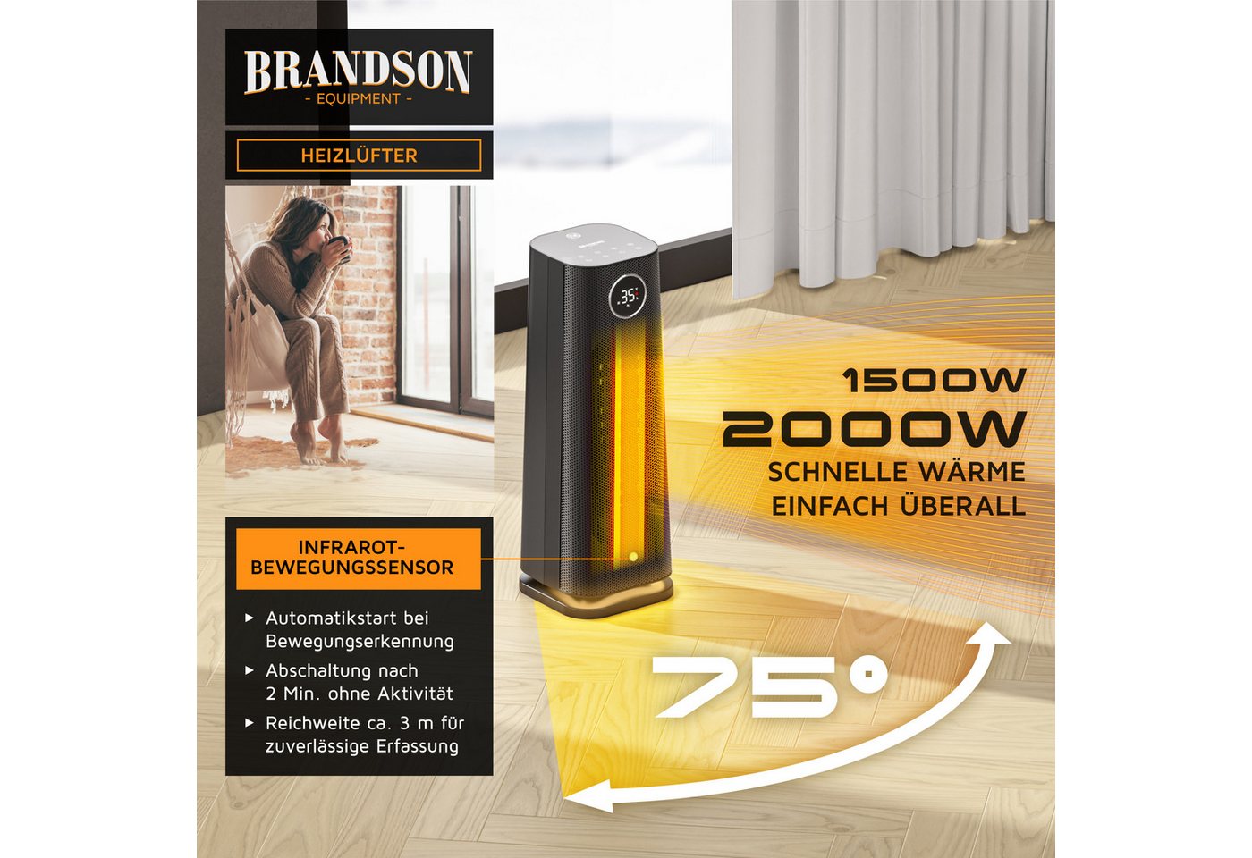 Brandson Heizlüfter Keramik-Heizlüfter 2000 W mit Bewegungssensor, Fernbedienung, Timer, 2000 W, Badezimmer, GS zertifiziert, Thermostat, ECO, Oszillation, Timer Bild 5