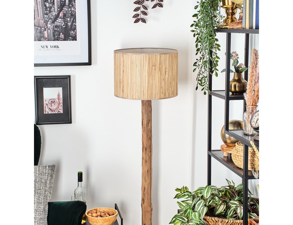 hofstein Stehlampe Stehlampe aus Metall/Holz/Seegras/Stoff in Schwarz/Natur/Beige, ohne Leuchtmittel, Stehleuchte im modernen Boho-Design (40 cm), Höhe 148 cm, E27